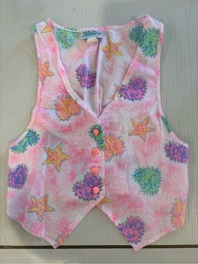 Vintage Kids Vest - Pink Multicolor Star & Heart Print medium made in USA